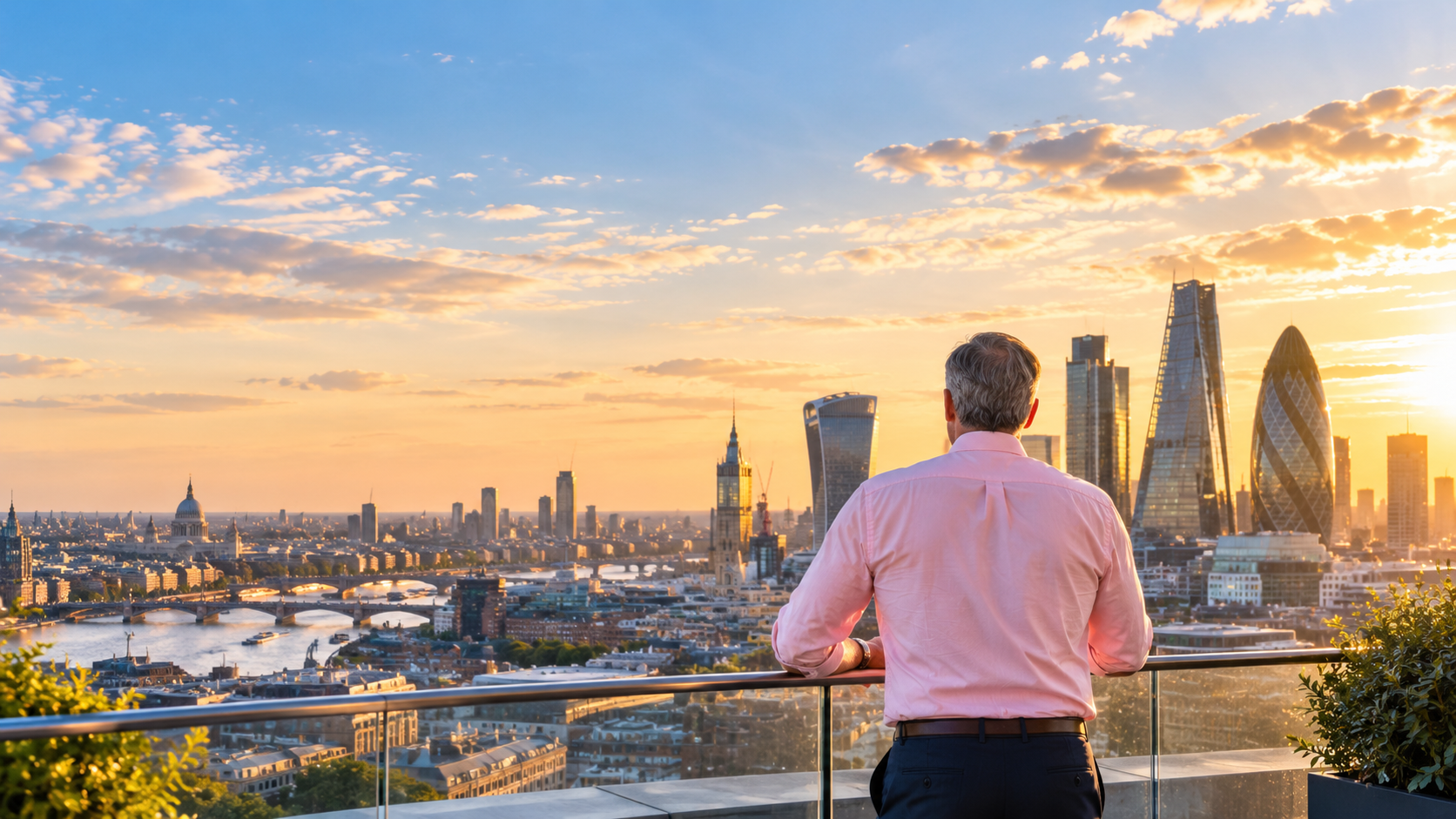 Rod Jones, in a pale pink shirt, looking out towards the City of London skyline at golden hour